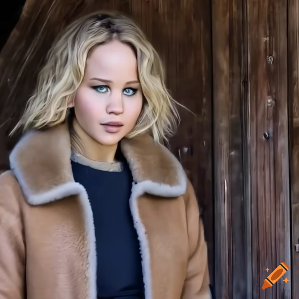 Blonde actress in sheepskin bomber jacket and leather trousers standing in barn doorway