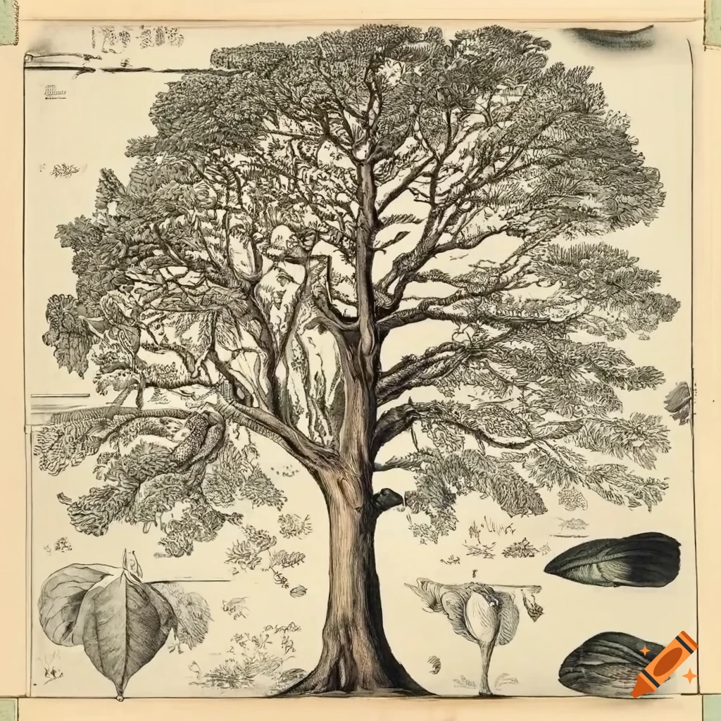 Detailed centuries-old botanical tree drawings in antique ink style