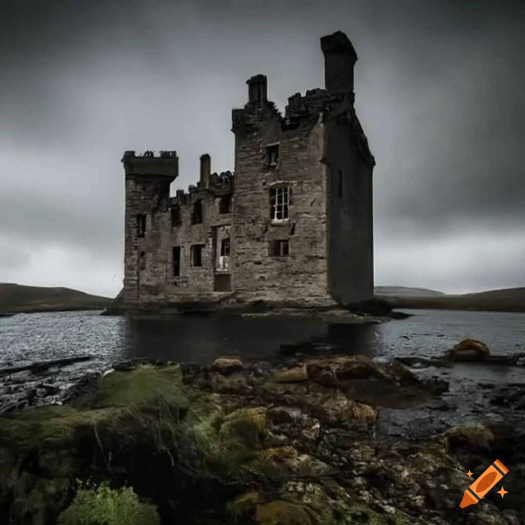 Abandoned castle with high dark walls on a scottish island on Craiyon