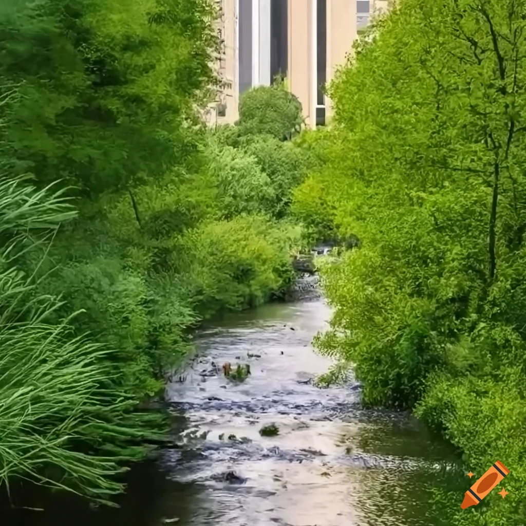 City park with trees, stream, humans, and birds