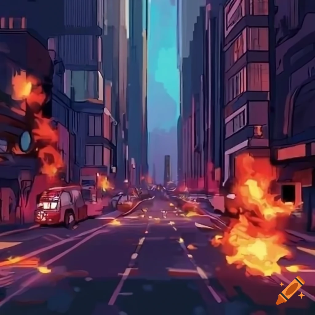 City street with explosions in Marvel art style