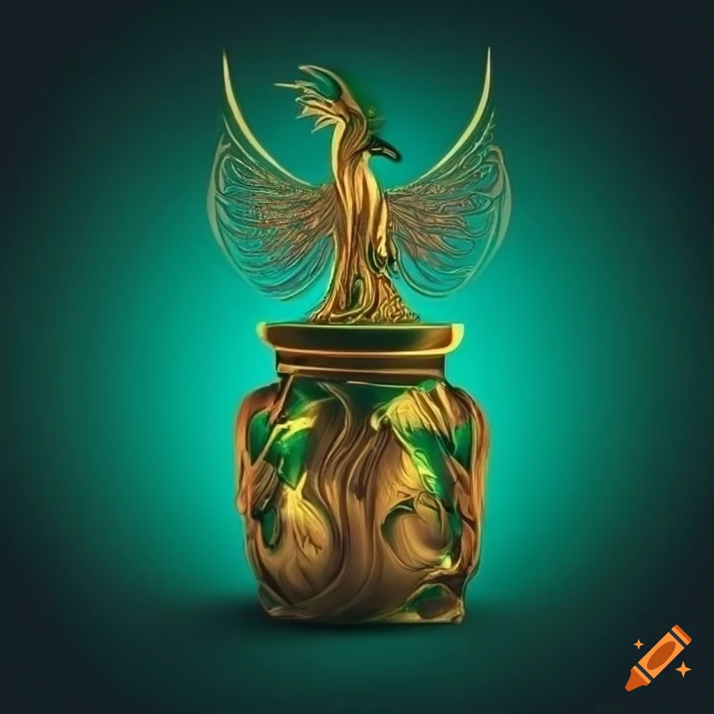 Phoenix rising from a jar of liquorice in dark green and gold colors