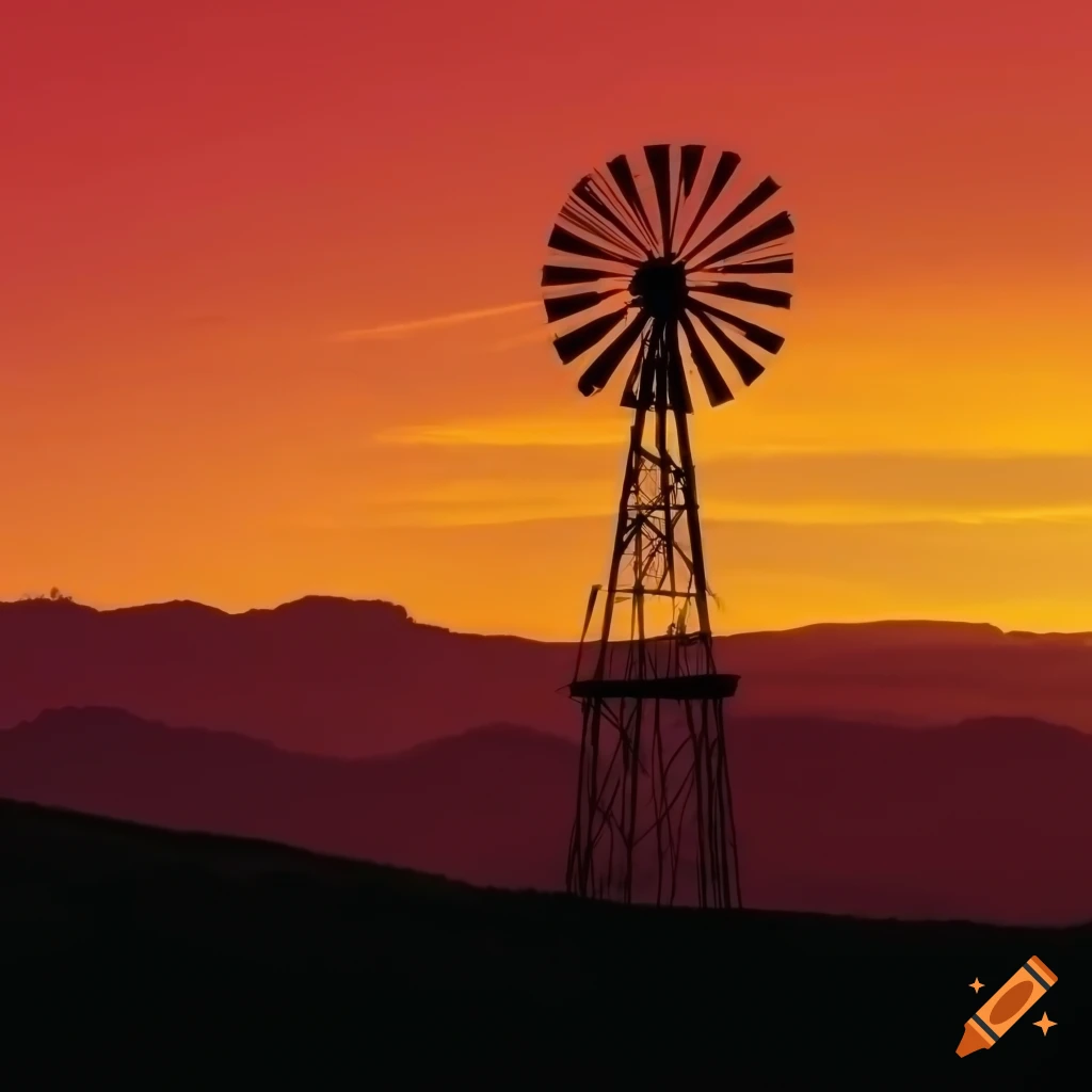 Idyllic landscape with rolling hills and a southwest windmill against a sunset sky