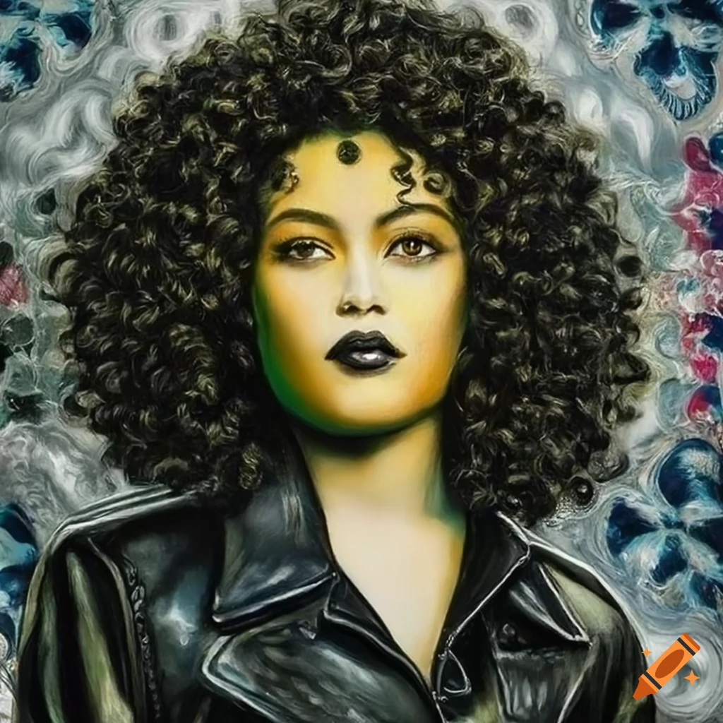Hyperrealistic portrait of a black woman with curly hair in vibrant psychedelic colors