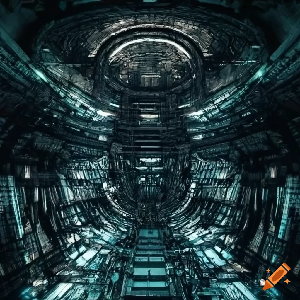 Deep ocean megastructure under full moon in biopunk sci-fi setting with cyberpunk techno style