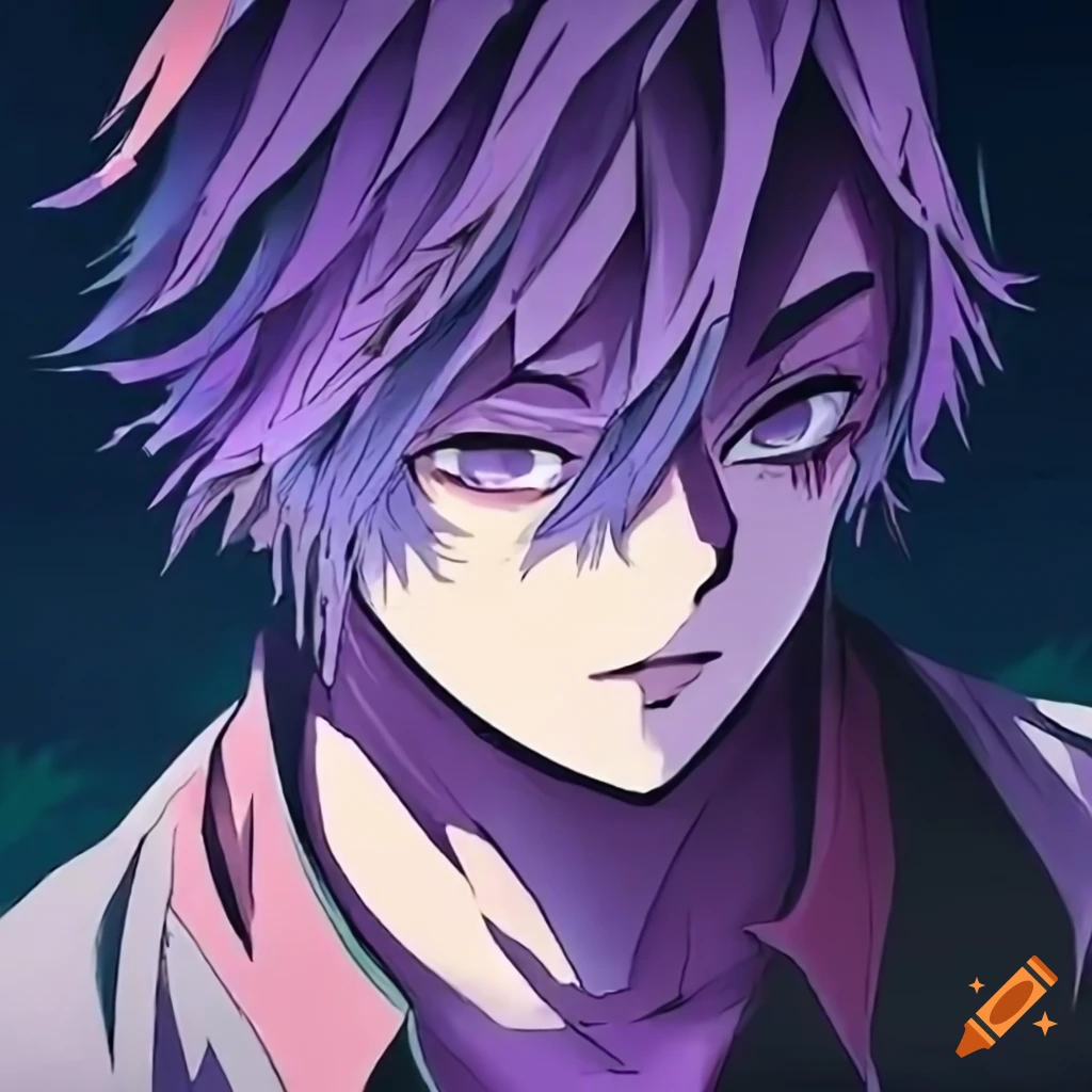 Mitsunai practicing the Sun's breath with blue and violet flames, sharp killer gaze and purple eyes, gentle face