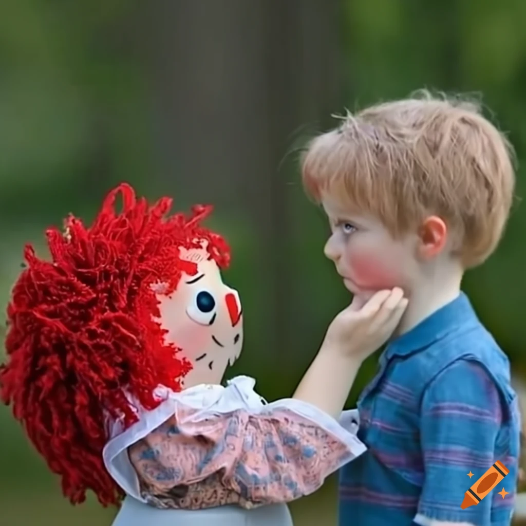 Raggedy Ann demonstrating strength to a boy