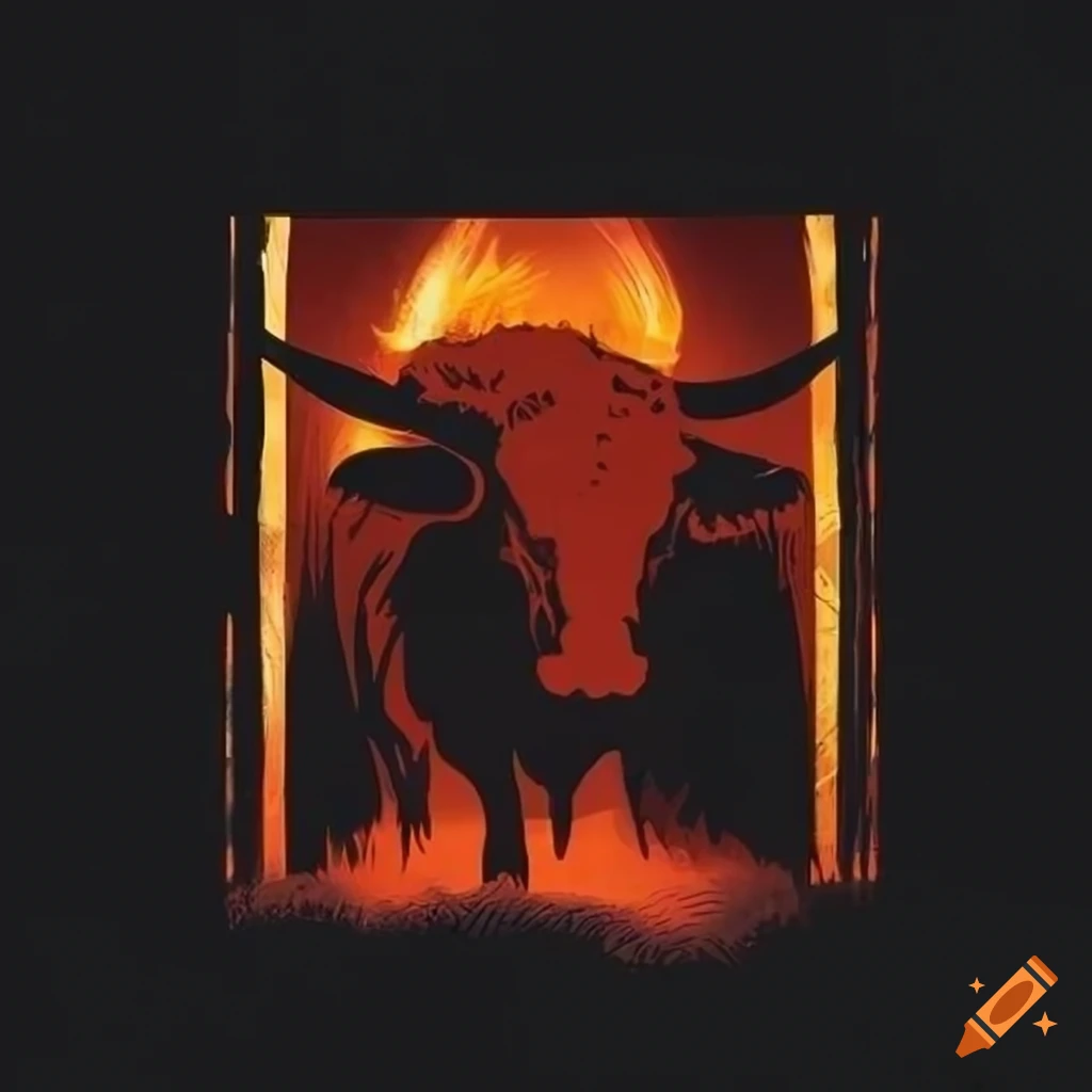 Silhouette of a bull charging through barn doors against fiery backdrop