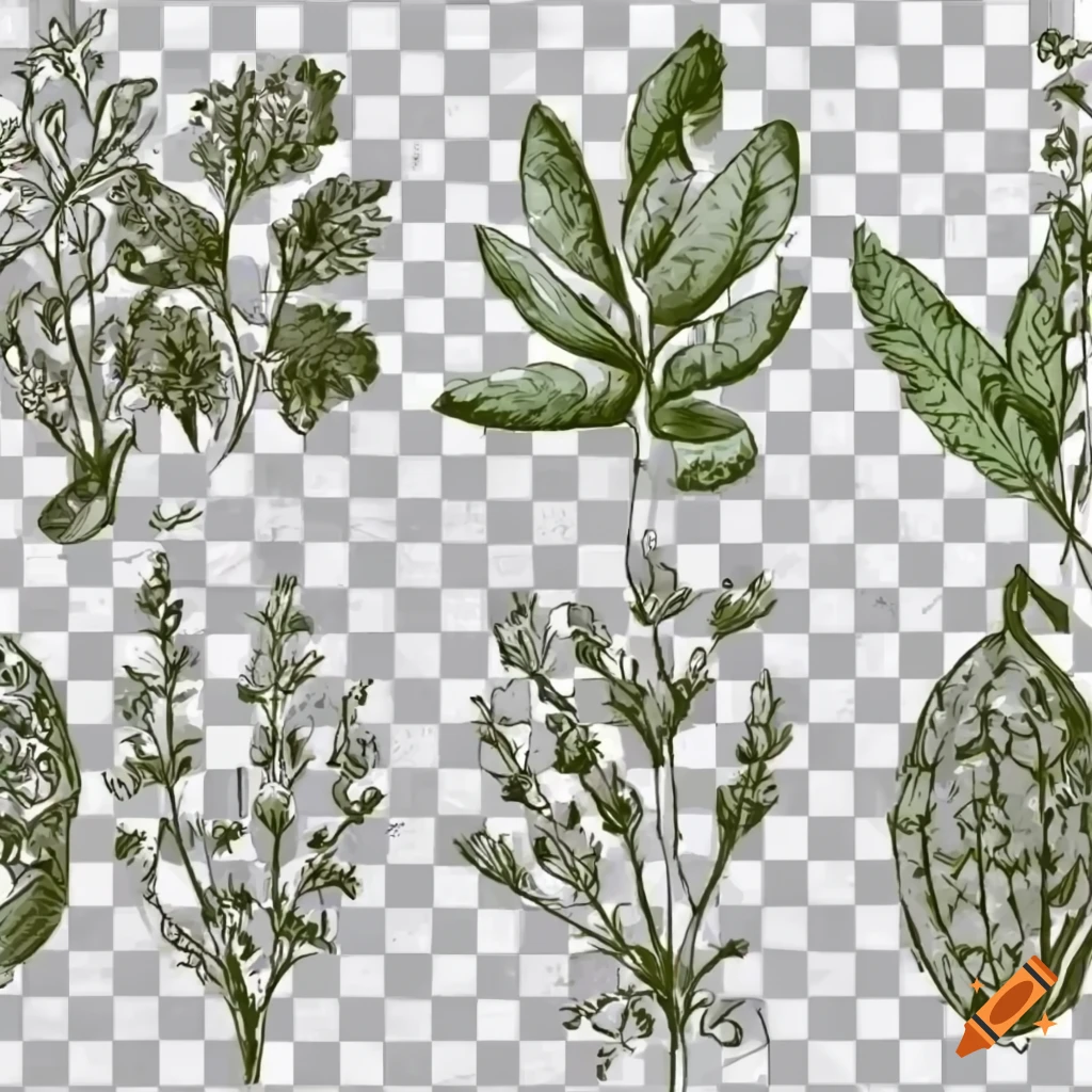 Collection of herbs in medieval drawing style on transparent background