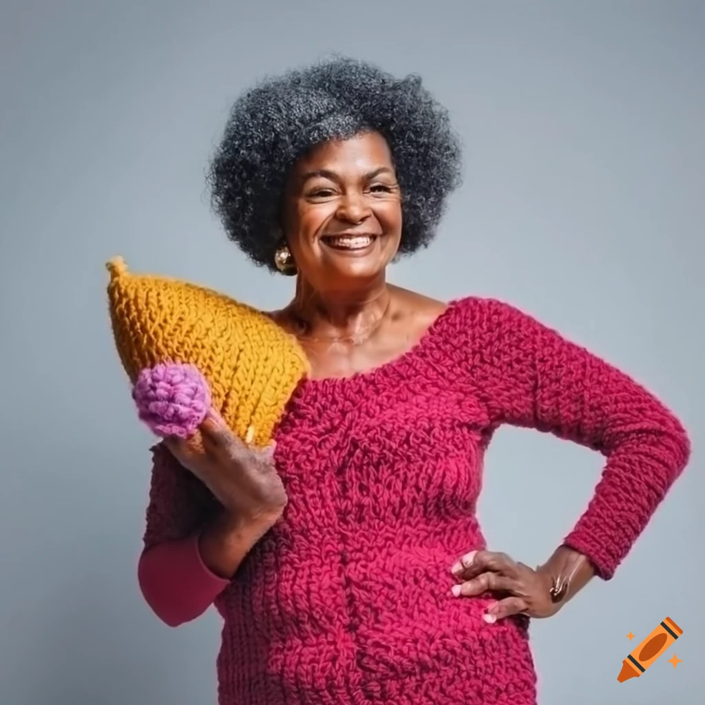 Older black woman showcasing knitted pillow