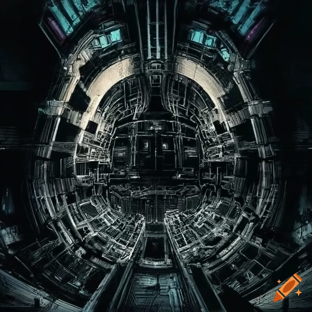 Deep ocean megastructure under full moon in biopunk sci-fi setting with cyberpunk techno style