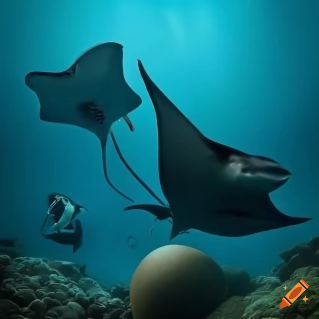 Underwater scene with a shark, manta ray, turtle, and scuba diver around a big egg