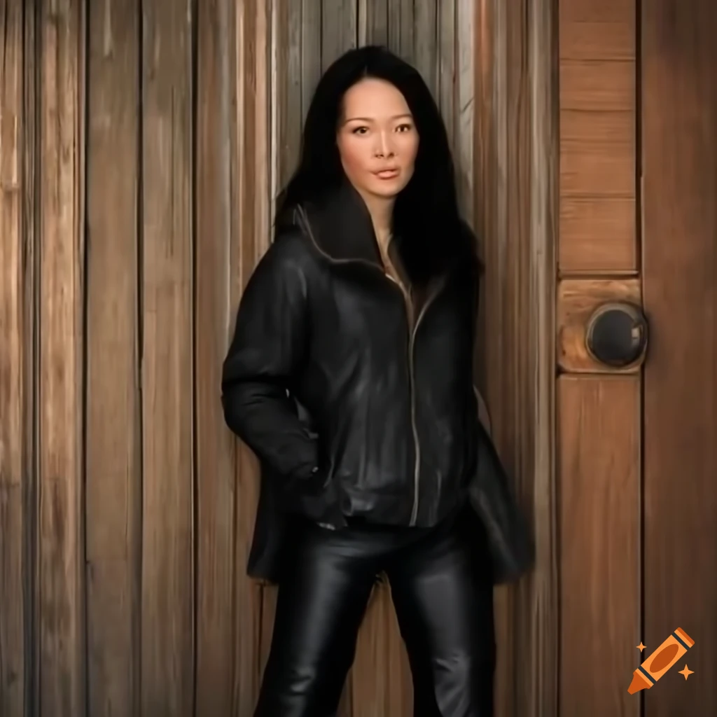 Young woman in a brown sheepskin bomber jacket and black leather trousers standing in a barn doorway
