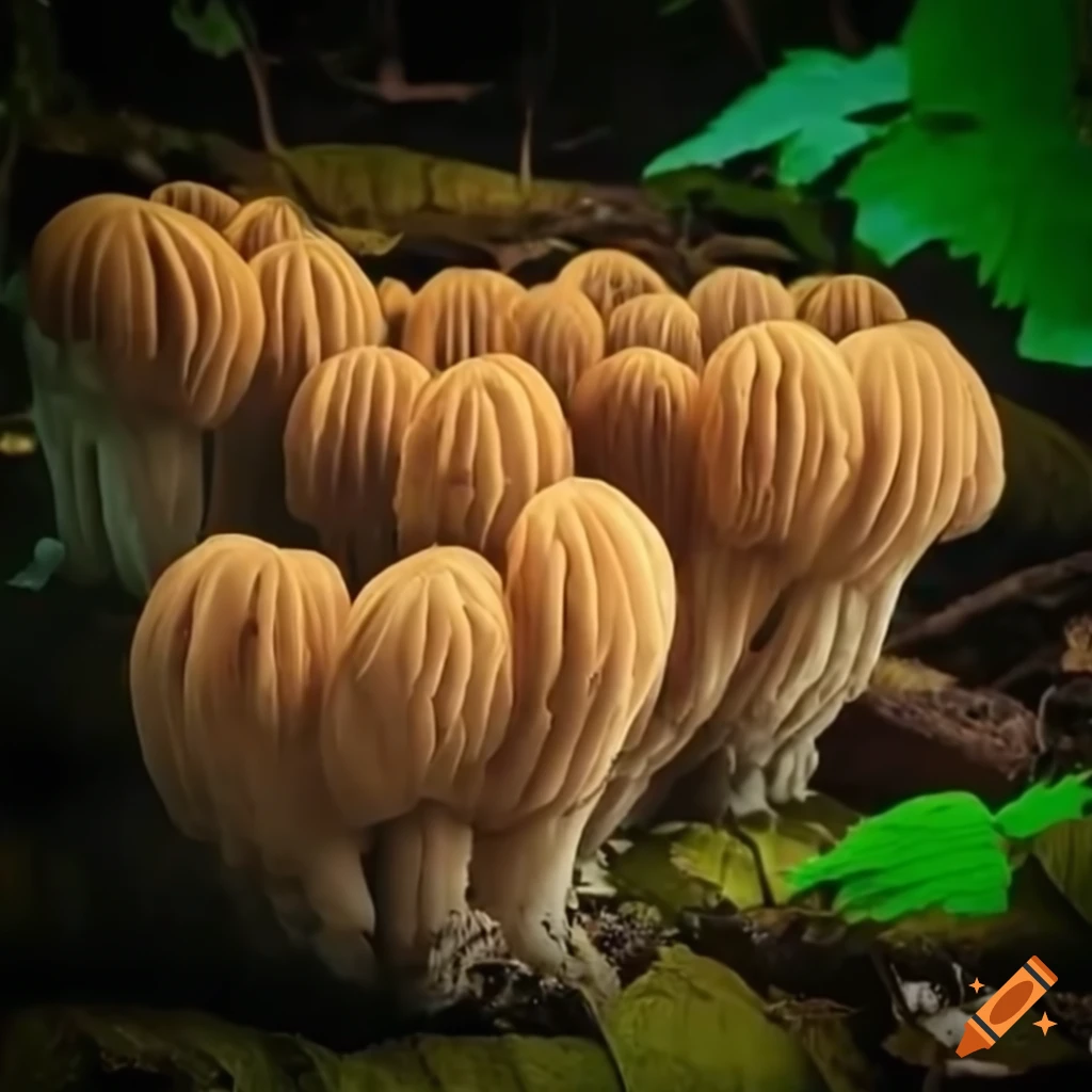 Lions mane mushrooms radiating power and light in a rainforest