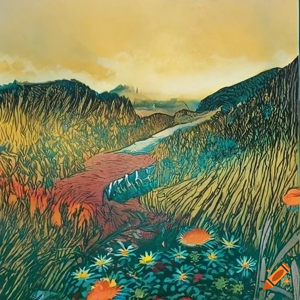 Wide angle landscape panorama of wildflowers with fantasy motifs and ...