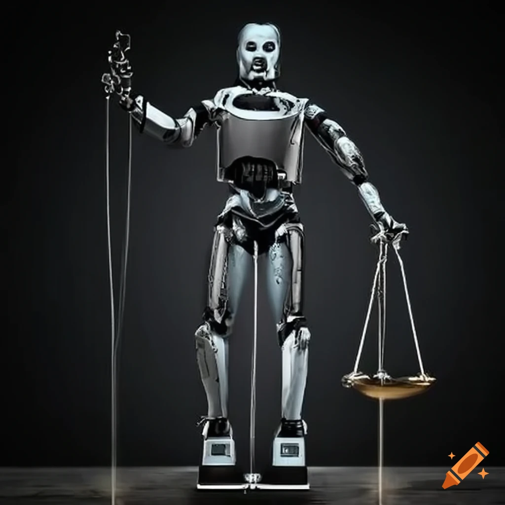 High tech robot holding scales symbolizing justice