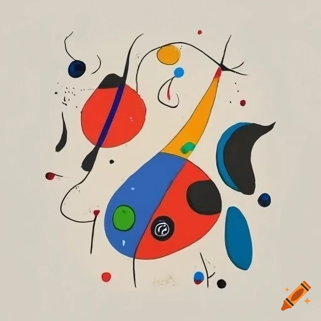 Surrealist cosmic creatures and plants in red, yellow, white, and blue colors, textured background with fine lines in a Miro painting style