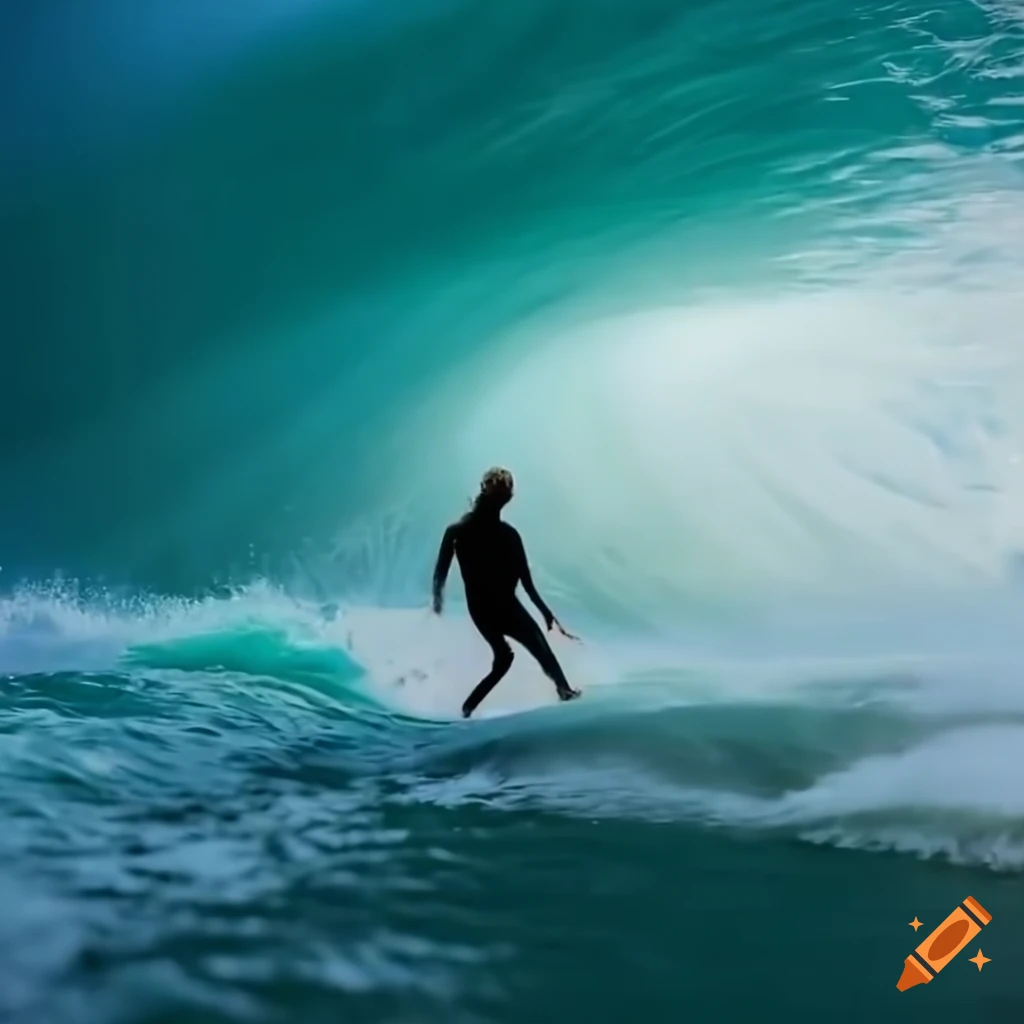 Experienced surfer balancing on a large wave with bald head reflecting sunlight