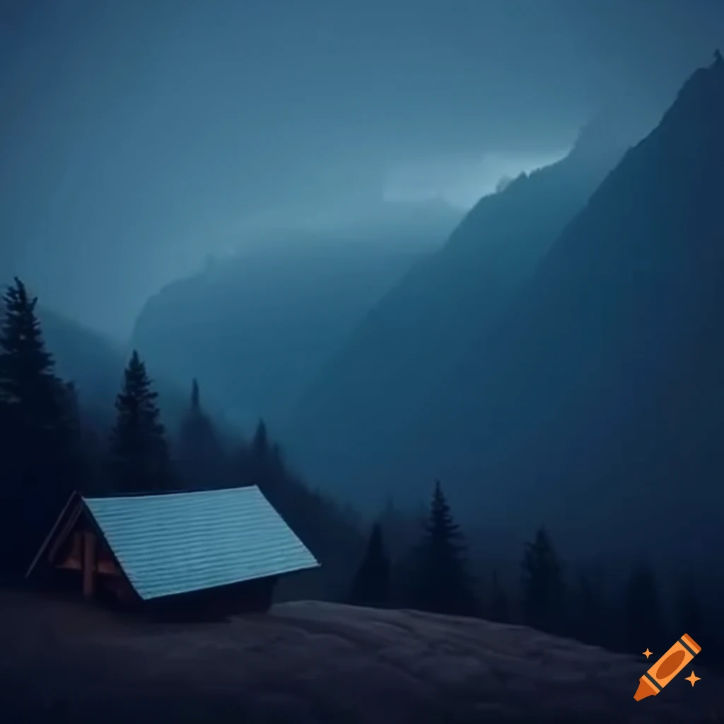 Cabin in the mountains during a rainy night