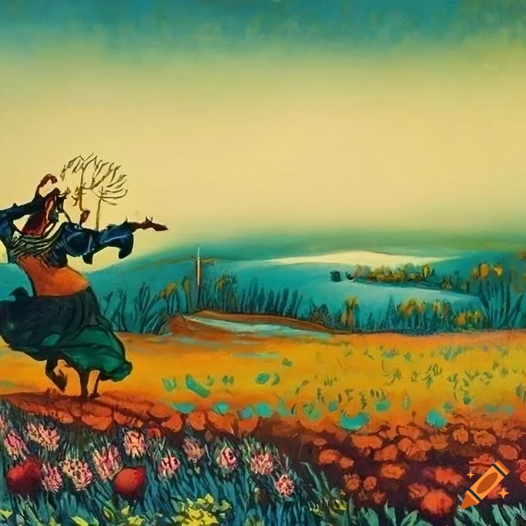 Color serigraph of a wide landscape panorama with wildflowers, serpents ...