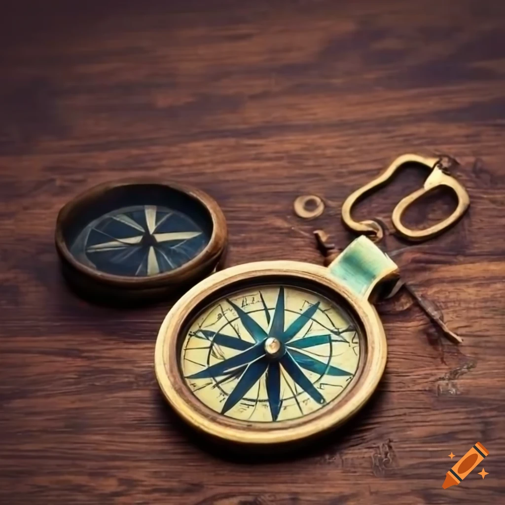 Collection of antique compasses on a wooden table