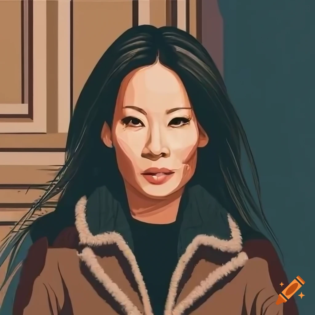 Actress resembling Lucy Liu at age 20 in a stylish outfit standing in barn doorway