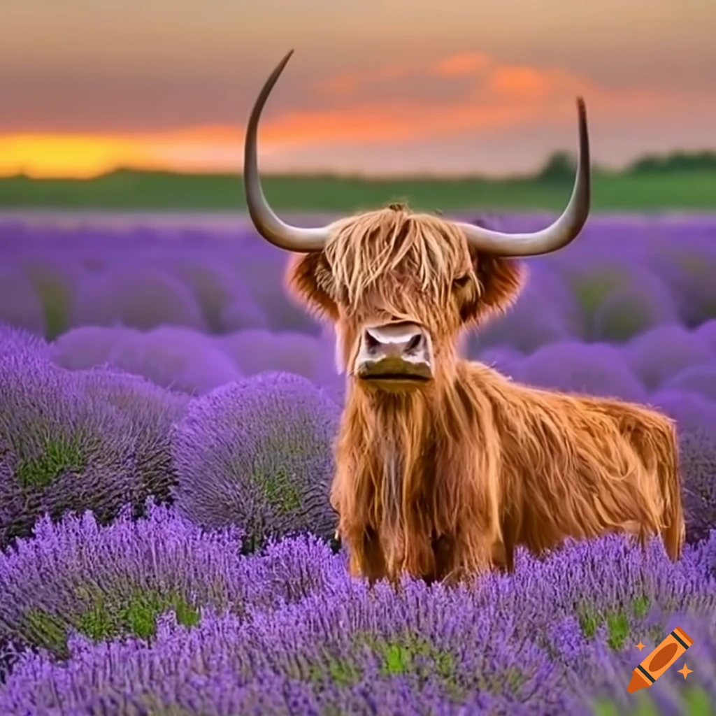 Highlander cow in a lavender field at sunset