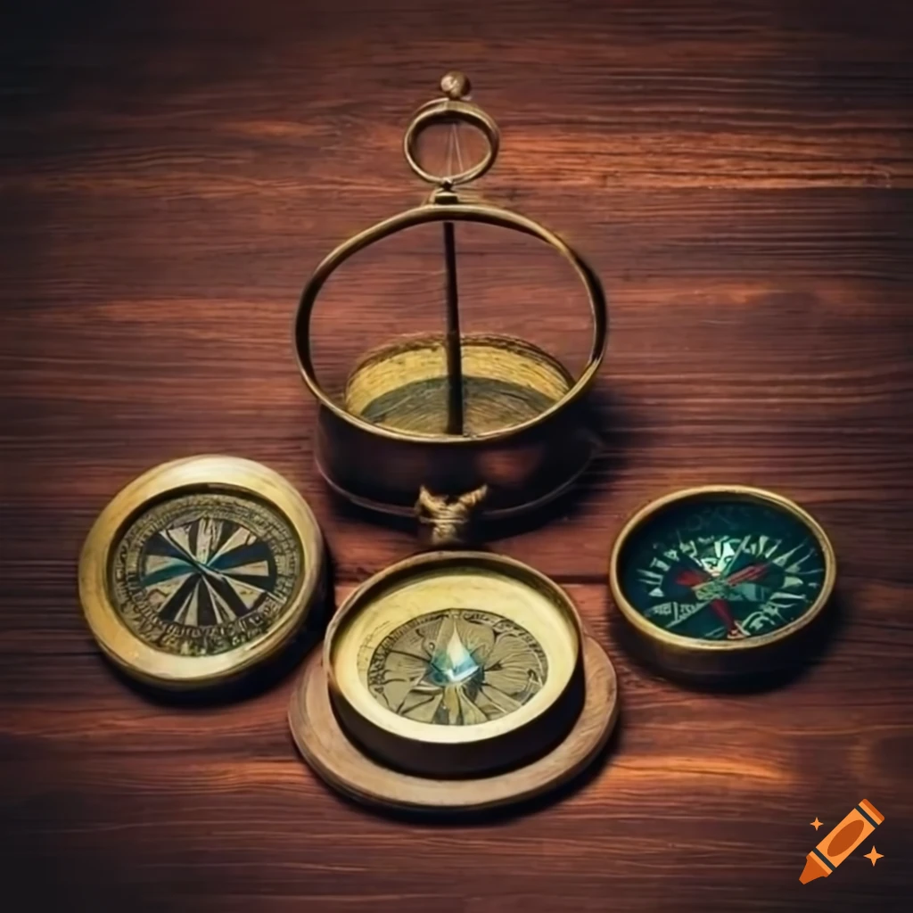 Collection of antique compasses on a wooden table on Craiyon