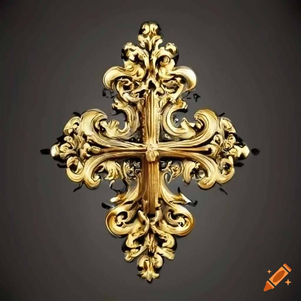 Baroque gold scroll cross on craiyon