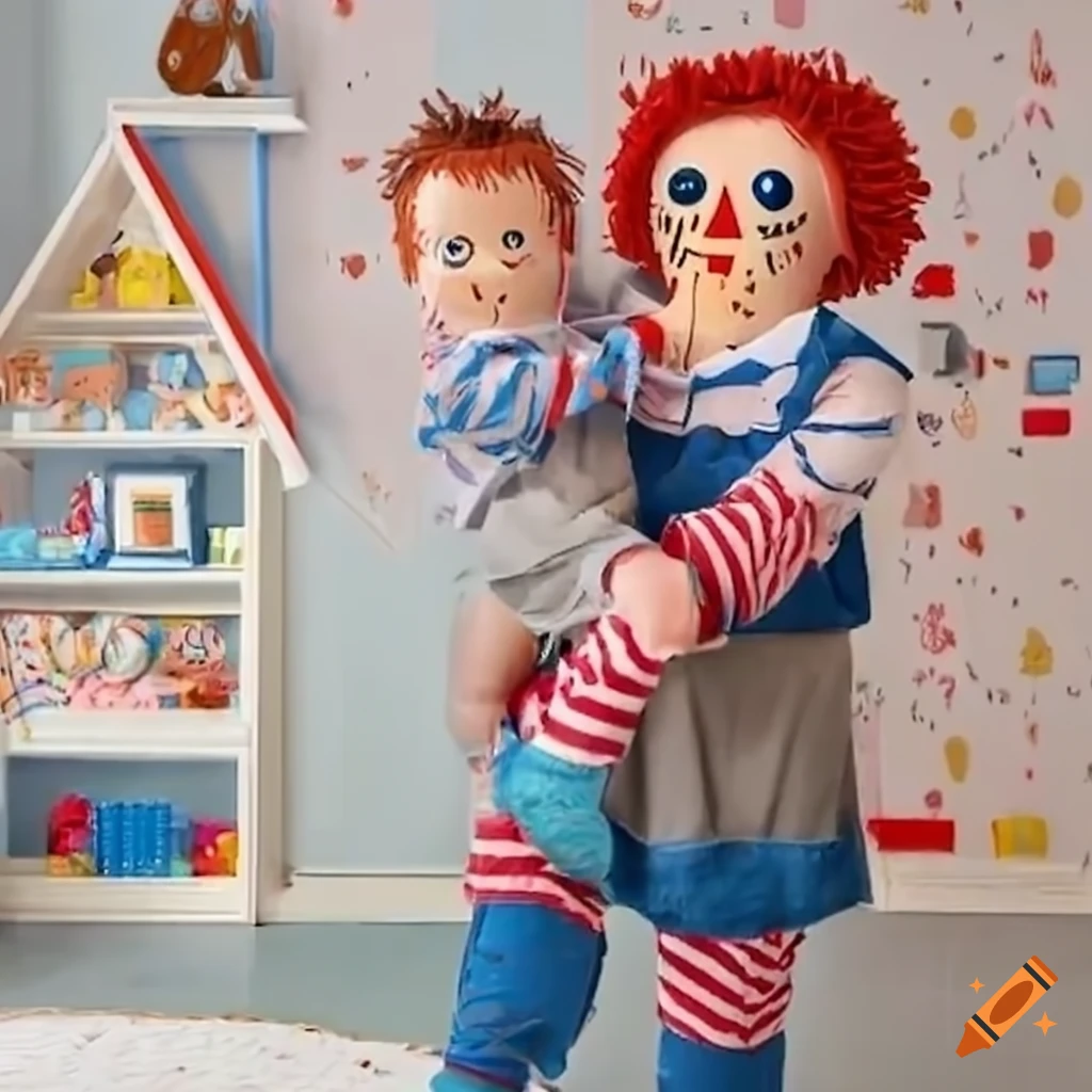 Raggedy Ann lifting a boy in a colorful children's bedroom