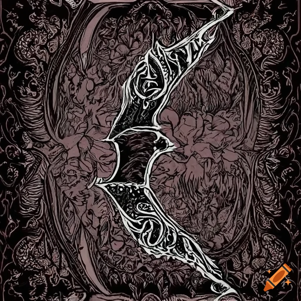 Longbow with demon-inspired designs against dusk mountains on Craiyon