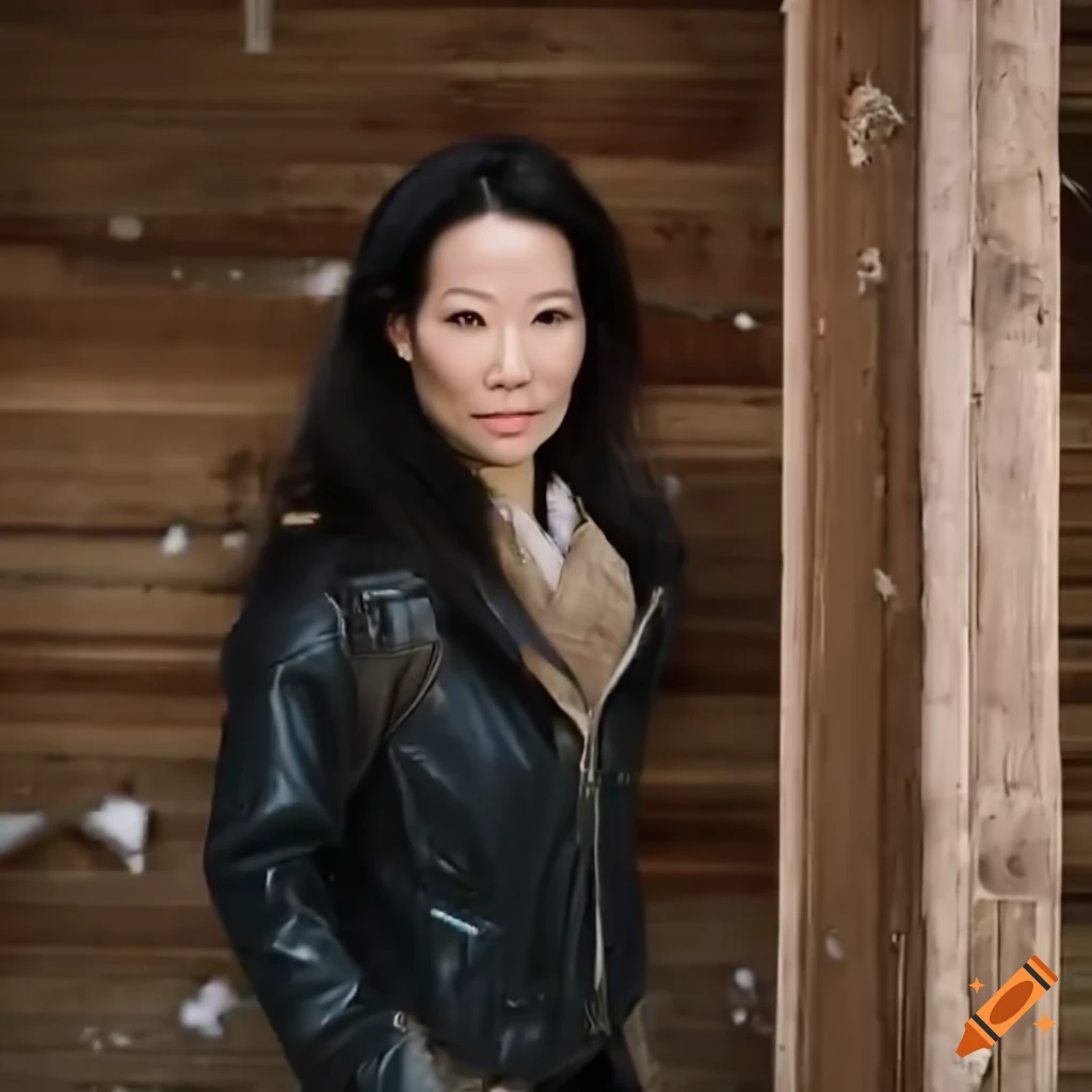 Young woman in a brown sheepskin bomber jacket and black leather trousers standing in a barn doorway