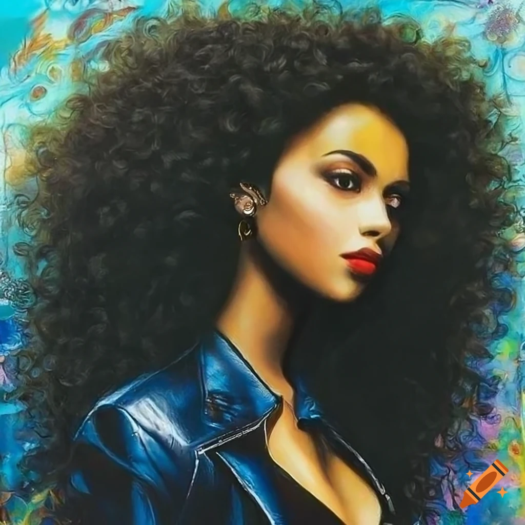 Hyperrealistic portrait of a black woman with curly hair in vibrant psychedelic colors