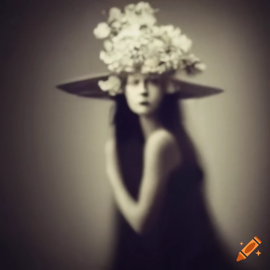 Beautiful woman with a big floral hat in a vintage surreal style
