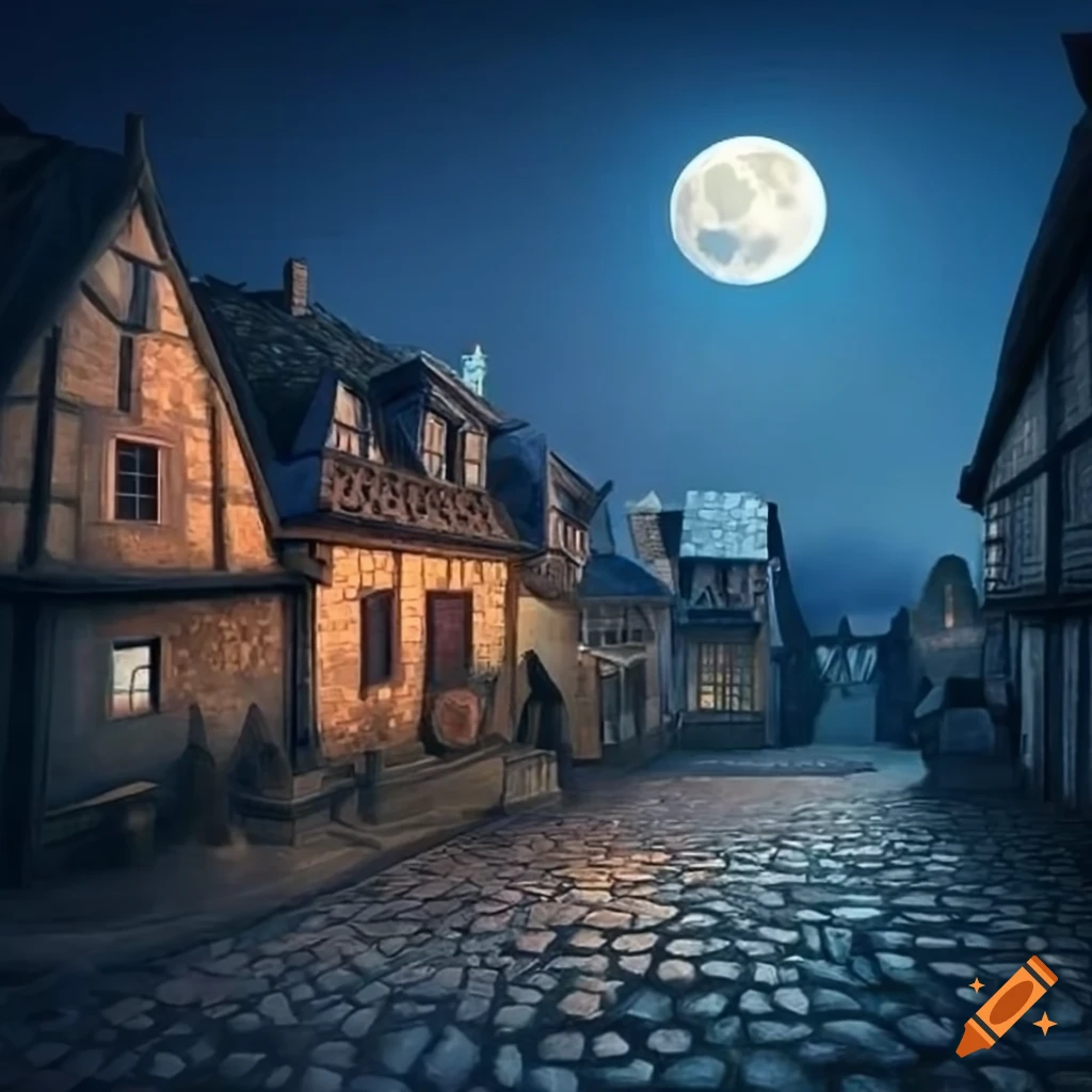 Medieval town at night with full moon and cobblestones on Craiyon