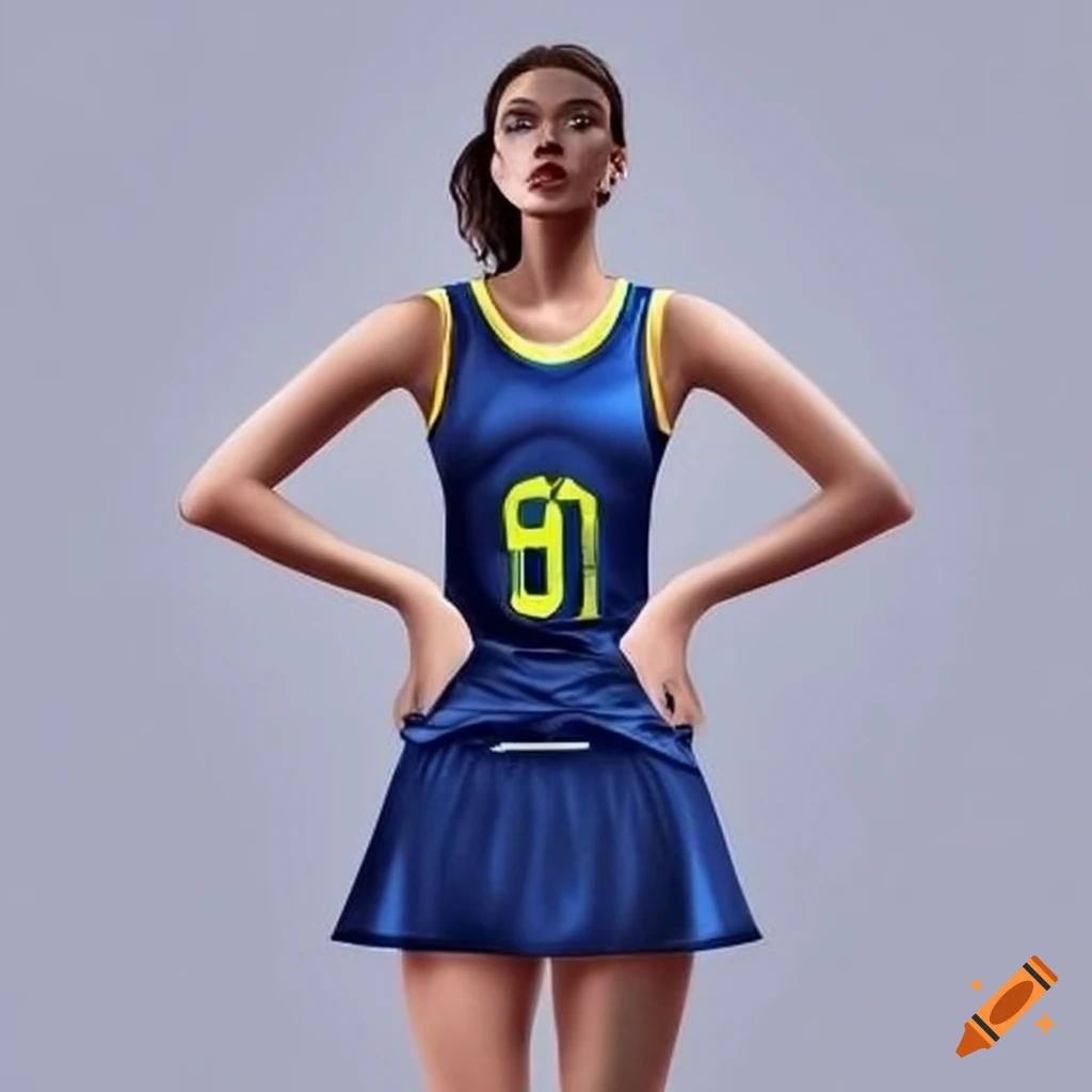 Graceful woman in a navy blue netball dress with yellow trim