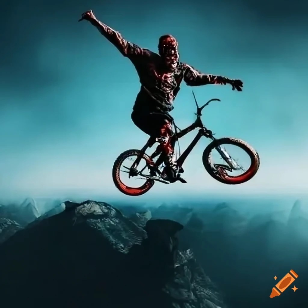 Mountain biker jumping high with zombie fans cheering