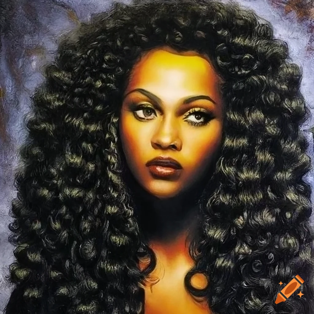 Hyperrealistic portrait of a black woman with curly hair in vibrant psychedelic colors