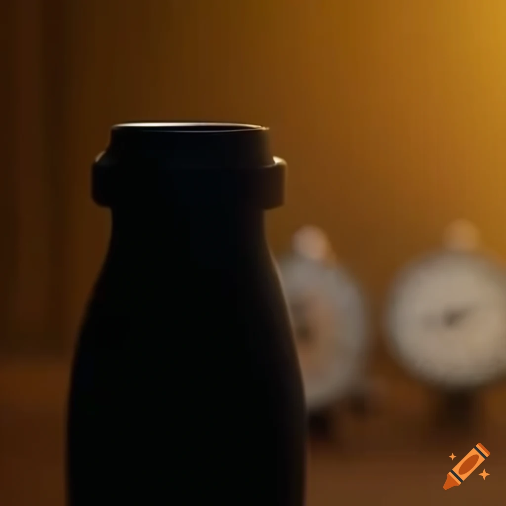 Blurred clock in the background with a black water bottle flask