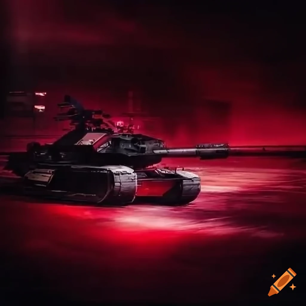 Futuristic battle scene with a red and black armored tank in a dystopian city