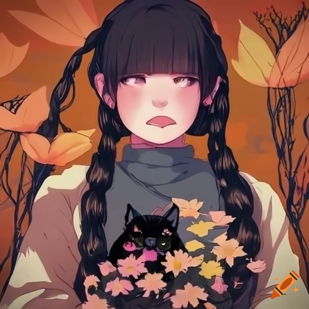 Crying anime girl with black hair, holding a black cat, surrounded by Studio Ghibli flowers in autumn colors