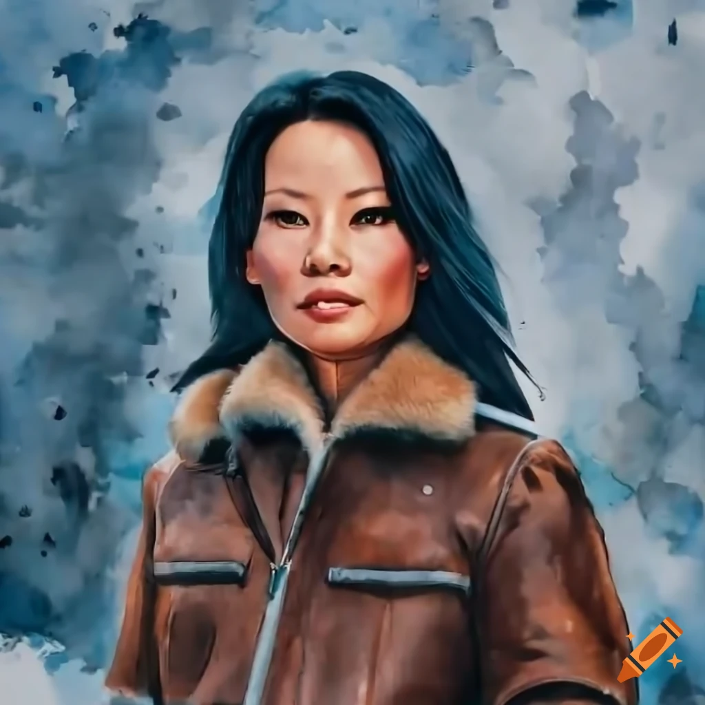 Actress resembling Lucy Liu at age 20 in a stylish outfit standing in barn doorway
