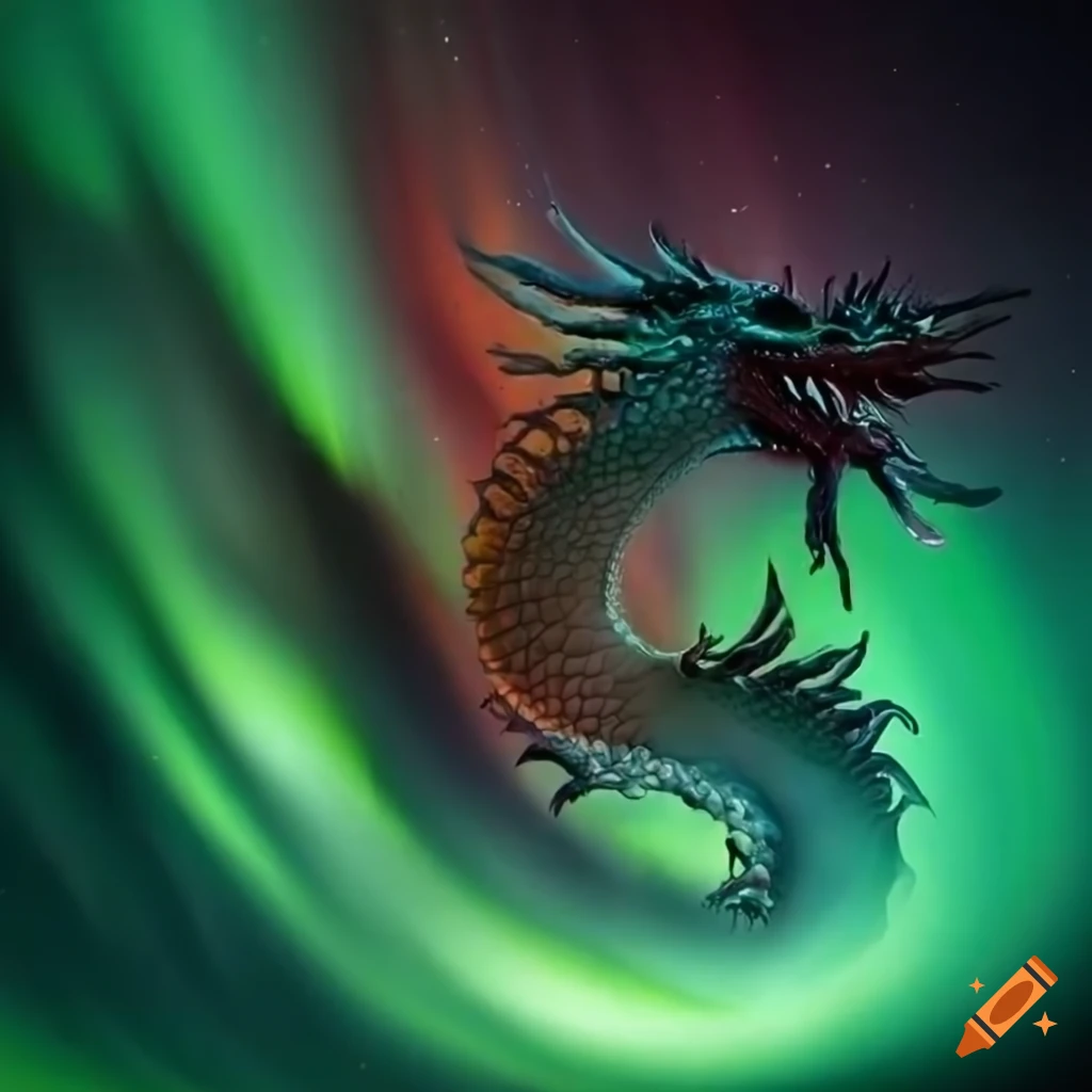 Ancient eastern dragon in the midst of swirling northern lights