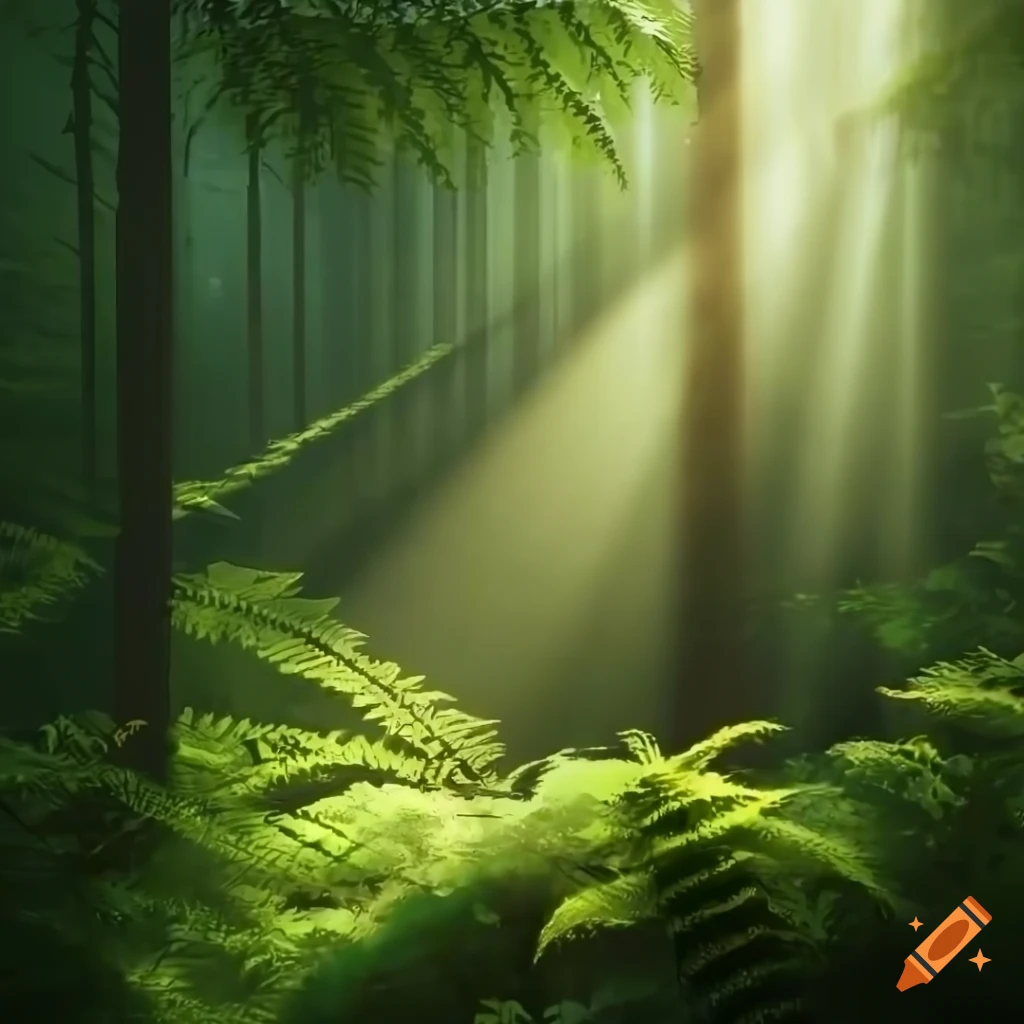 Sunlight rays in a photorealistic fern forest on Craiyon