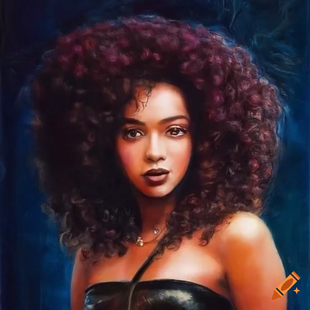 Hyperrealistic portrait of a black woman with curly hair in vibrant psychedelic colors
