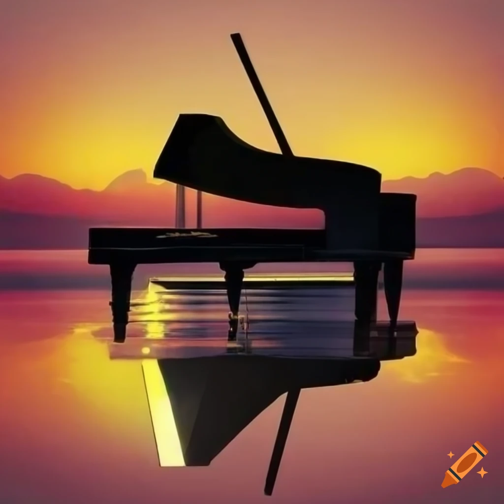 Grand piano on a peaceful lake during sunset