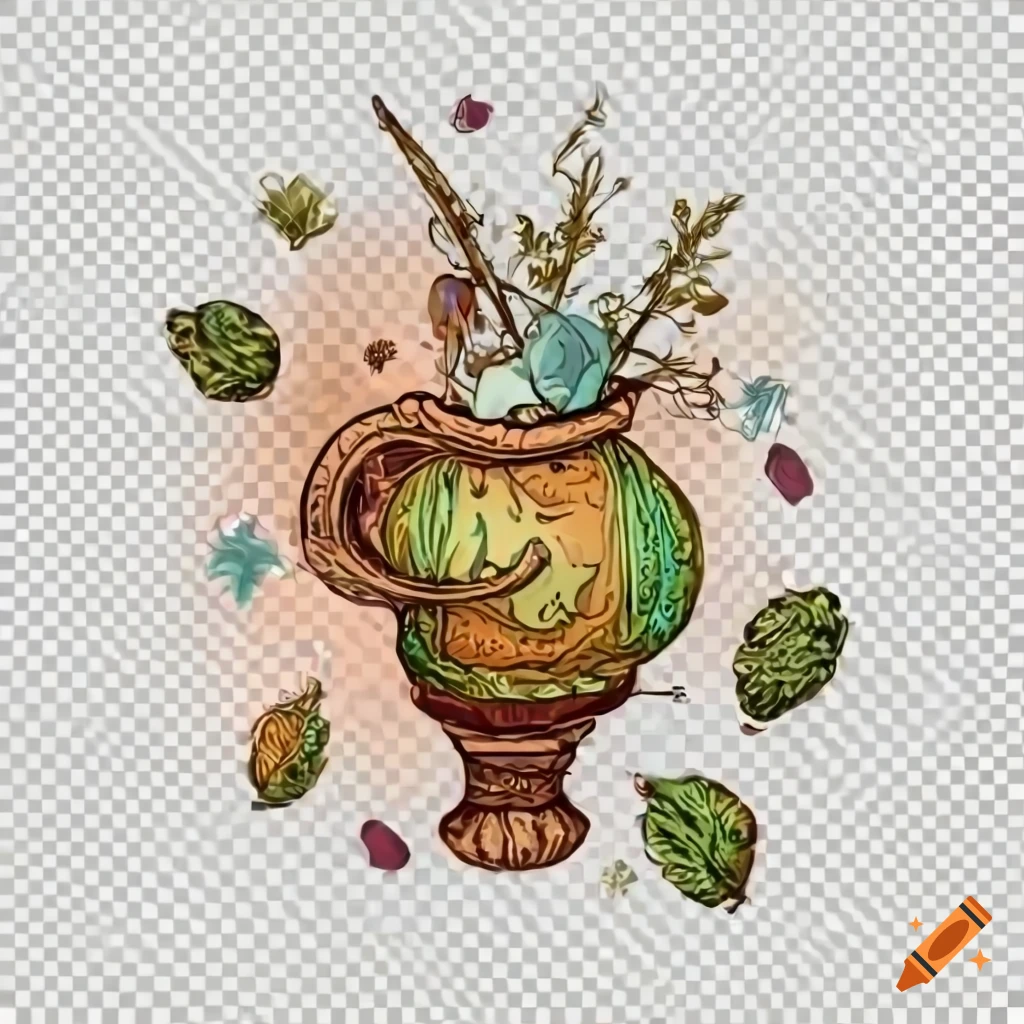 Colorful collection of herbs in medieval style on transparent background