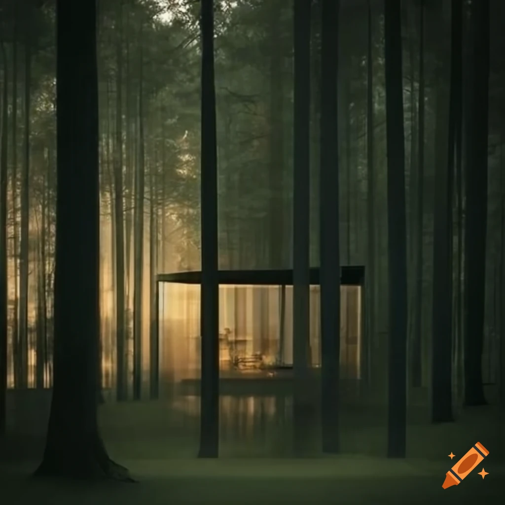 Philip Johnson glass house in a dark pine forest by a lake with soft warm light