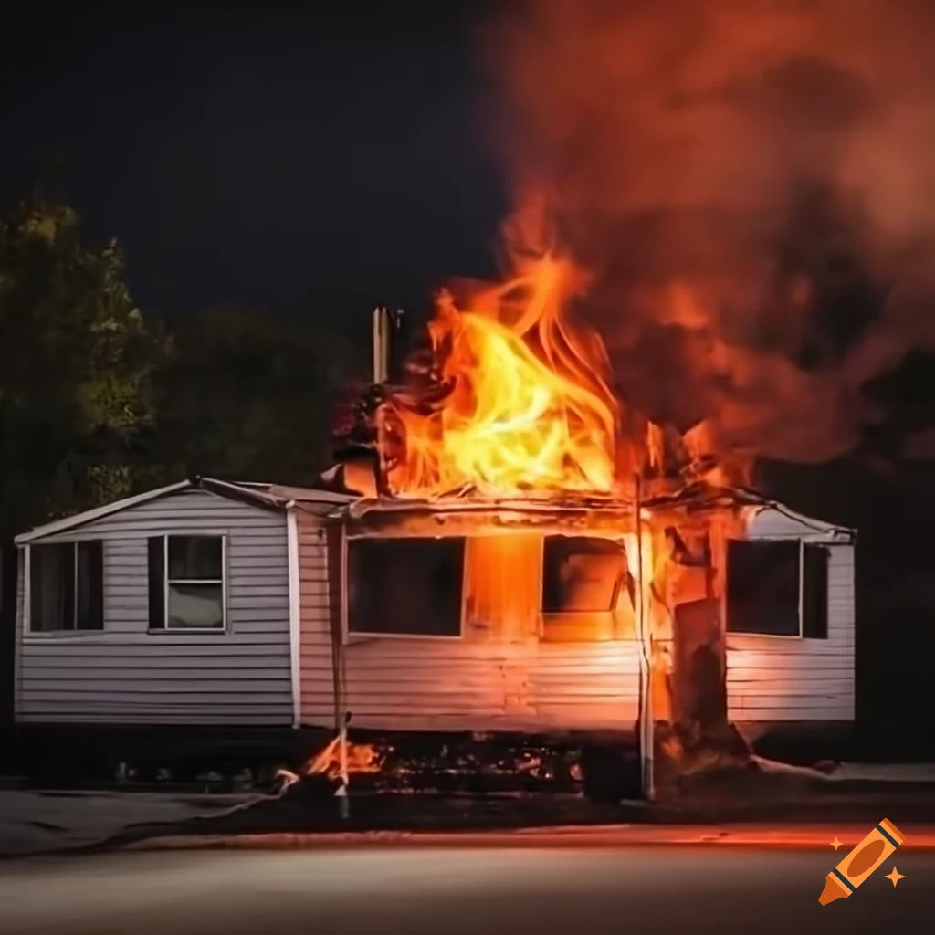 Burning mobile home in a dark parking lot at night