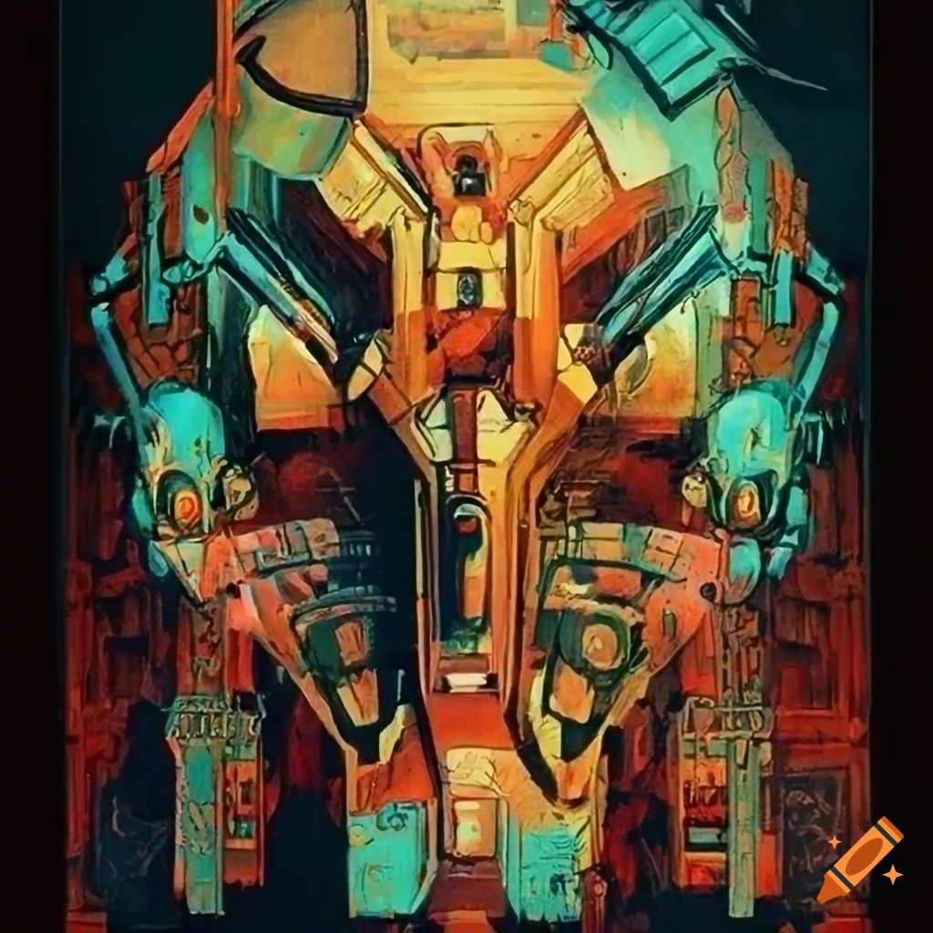 Vintage poster featuring a stunningly designed unwieldy mech with a ...